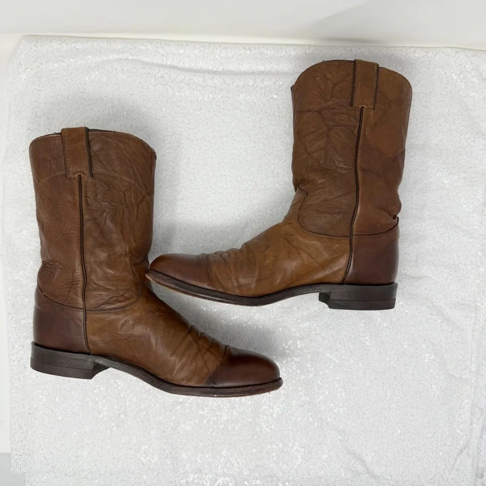 Men’s Justin USA Brown Leather Round Toe western Roper Cowboy boots 91/2D